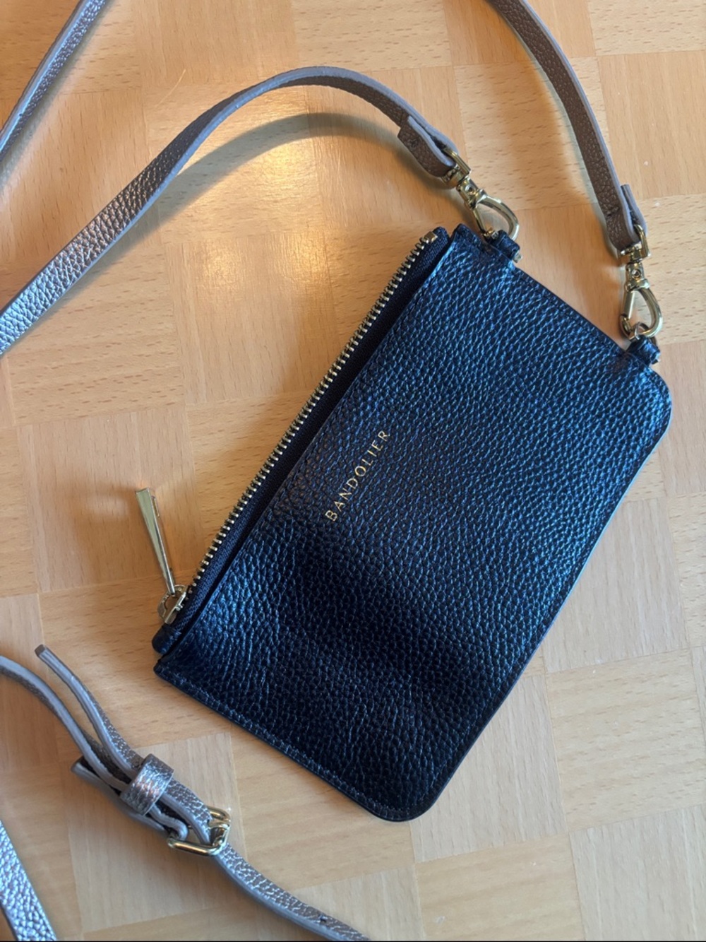 Bandolier Black Pebbled Leather pouch with bronze strap